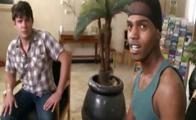 Black twink sucks off a white dude